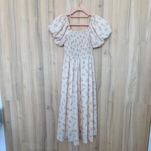 Floral Smocked Puff Sleeve Midi Dress XS Cream Pink Cottage Coquette Fairy Boho